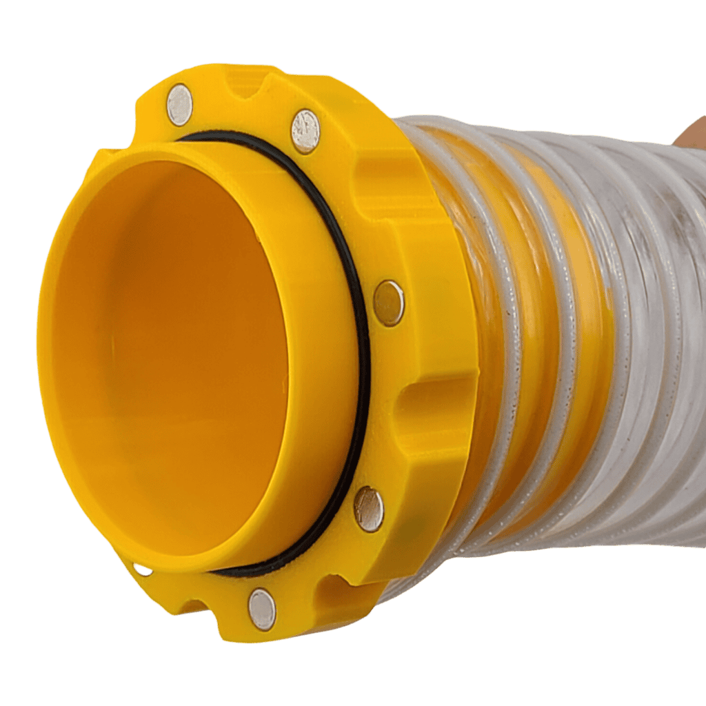 Magnetic 2.5-inch shop vac hose quick connect adapters for easy tool attachment.