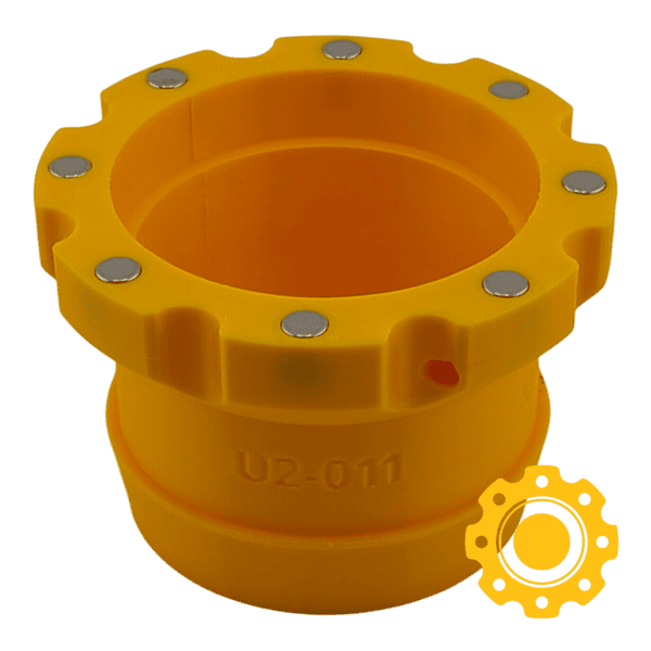 Magnetic adapter for 2.5" vacuum hoses, compatible with Ridgid and ShopVac tools.
