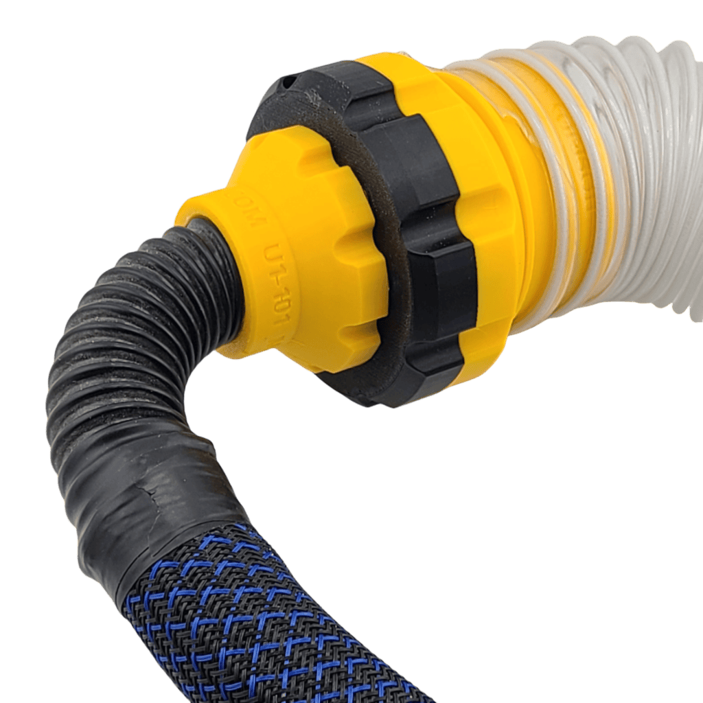 Magnetic dust extractor size-down adapter for connecting 2-1/2" and 1-1/4" vacuum hoses.